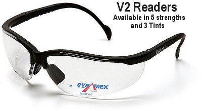 Safety Glasses, V2 Readers, Clear +2.0 Lens, Black Frame - Magnifier Lenses